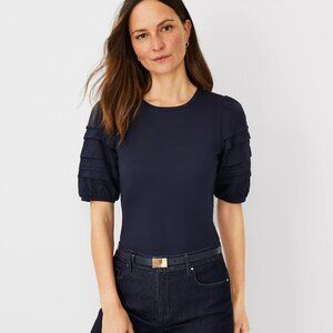 Ann Taylor- Pima Cotton Pleated Puff Sleeve Top- Night Sky- Women's Small